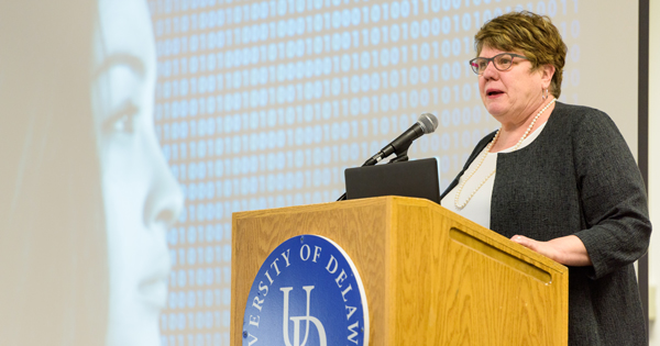 Patricia Brennan, director of the National Library of Medicine, speaking Sept. 20 to University of Delaware students and faculty attending the Health and Big Data Forum.
