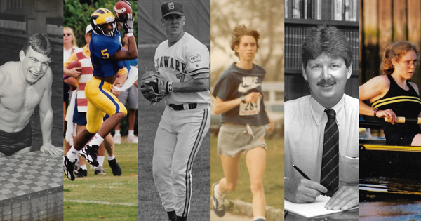 Athletics Hall of Fame class of 2017 Six former University of Delaware Athletics standouts who represent 10 different Blue Hens sports and whose prestigious careers include emergency room physician, veterinarian, engineering professor, athletics administrator, teacher, and coach, make up the newest induction class of the University of Delaware Athletics Hall of Fame.
The 21st induction class will be honored in an invitation-only ceremony and reception for family and friends next Friday, Sept. 29, at the Bob Carpenter Center. The honorees will also be recognized at halftime of the Delaware vs. James Madison University football game at Delaware Stadium the following afternoon, Sept. 30.
The Class of 2017 features representatives from every decade since the 1940s and the sports of football, baseball, field hockey, men’s and women’s cross country, men’s and women’s indoor track & field, men’s and women’s outdoor track & field, and rowing. Four of the inductees are Delaware natives and five of them still reside in the area.
The six-person class includes the first-ever rower named to the UD Athletics Hall of Fame in Dr. Jenni Buckley; record-setting football wide receiver Courtney Batts; All-American cross country and track distance runner and former U.S. Field Hockey team member Dr. Sandy Gibney; standout baseball player and current Blue Hen associate baseball head coach Dan Hammer; longtime UD swimmer, coach, and director of athletics Edgar N. Johnson; and NCAA qualifying swimmer Dr. Art Mayer.