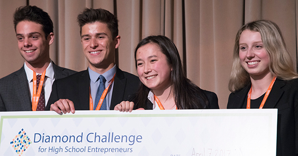 Caption: Horn 2017 Diamond Challenge first place winners, from left, Andrew Yates, Stash Pomichter, Isabella Liu and Haley Catton  Diamond Challenge 2017 pitched their teen-run business incubator.
