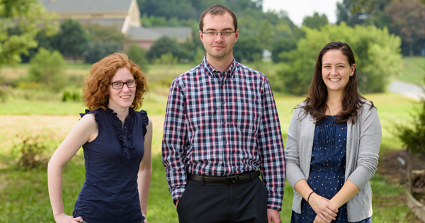 Shot 9/14/17. Left to right, Casey Johnson; , Ryan Arsenault, assistant professor of Animal and Food Sciences; Bridget Aylward. Johnson and Aylward are researchers who work with Arsenault. 
