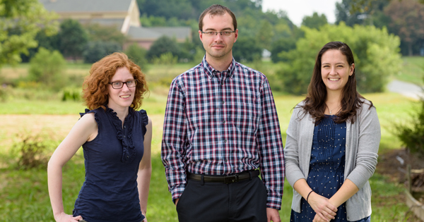 Ryan Arsenault cows, pigs, poultry Ag Gut Health CANR Arsenaultth-091417 Shot 9/14/17. Left to right, Casey Johnson; , Ryan Arsenault, assistant professor of Animal and Food Sciences; Bridget Aylward. Johnson and Aylward are researchers who work with Arsenault.