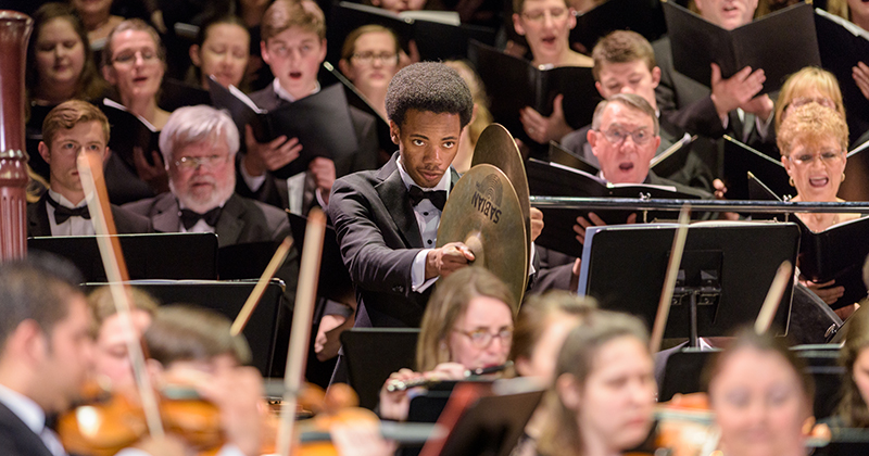 The University of Delaware Symphony Orchestra and Schola Cantorum presenting a concert titled "War and Peace" featuring Symphony No. 6 in B Minor, Opus 54 by Dimitri Shostakovich, The "Hope of Living" by Jake Runestad, and "Dona Nobis Pacem" by Ralph Vaughn Williams.  - (Evan Krape / University of Delaware)