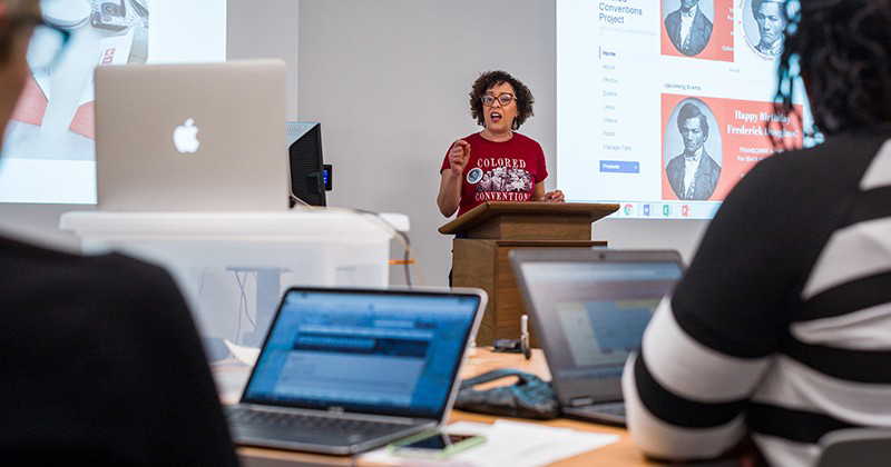 P. Gabrielle Foreman, founding faculty director of the Colored Conventions Project, leads volunteers in a “transcribe-a-thon” at UD’s Morris Library on Frederick Douglass Day 2017.
