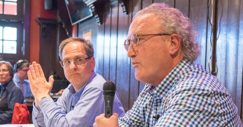UD Professor Stuart Kaufman (left) and veteran journalist Mark Bowden discuss the possibilities of a Trump/Kim summit at The Deer Park Tavern.