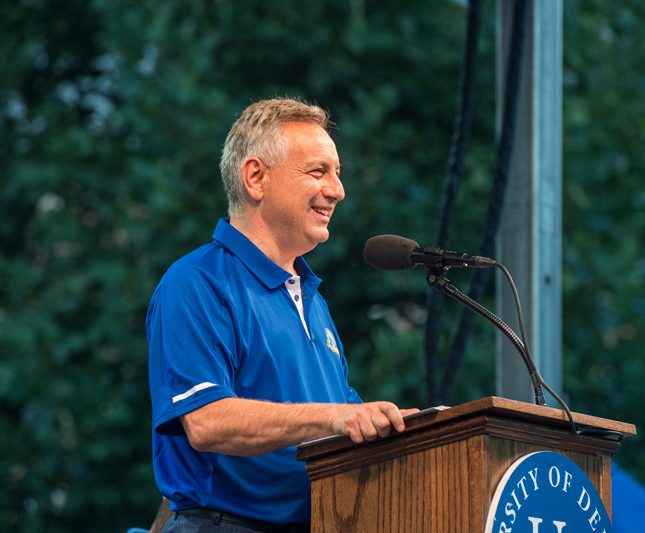 1743 Welcome Days holds Twilight Ceremony, August 27th, 2018 with speakers President Dennis Assanis, Provost Robin Morgan, student speaker Qourtney Ringgold, José Rivera, SGA president Kevin Peterson and UDAA President Steve Beattie. (PHOTO RELEASE SIGNAGE WAS POSTED AT EVERY TABLE STATION.)