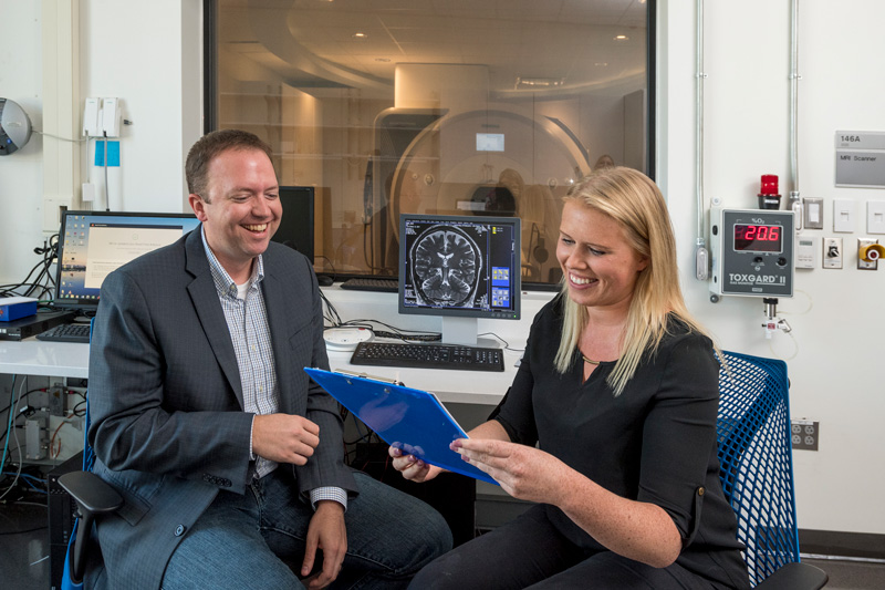 The University of Delaware’s Curtis Johnson (left) and Grace McIlvain are uncovering new information about mechanical properties of the brain.