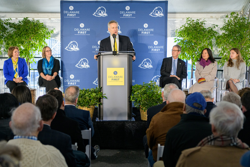 Groundbreaking ceremony for the Whitney Athletic Center, soon to be under construction on the Athletics Campus. Named in honor of Ken and Liz Whitney, who's $10 Million transformation gift forms the cornerstone of the project. - (Evan Krape / University of Delaware)