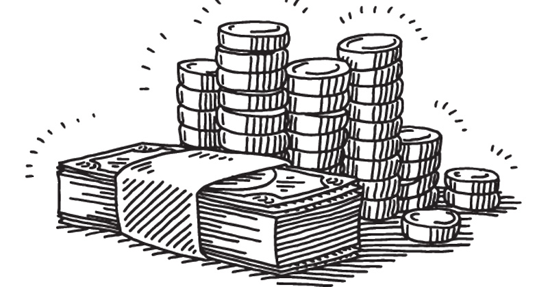 Black and white image of money and coins