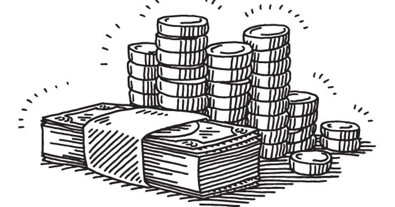 Money Banknotes And Coins Drawing Black and white image of money and coins