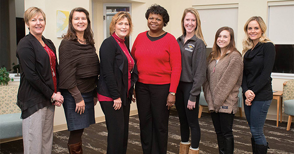 PCS class in Human resources Kathryn Corbitt, left, Iveta Tweedy, Anne Hardesty, Barbara Hendricks, instructor; Jessica Ash, Gabriella Bucci and Olivia Havatter participated in UD’s first HR Certification Institute® (HRCI) Professional in Human Resources® (PHR)/Senior Professional in Human Resources® (SPHR) Exam Prep course.