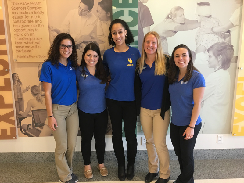 From left to right: Physical therapy graduate students Taylor Mayweather, Sarah Garland, Jazmine Tooles (Class of 2013), Jordan Denesik, and Erika Clary 
