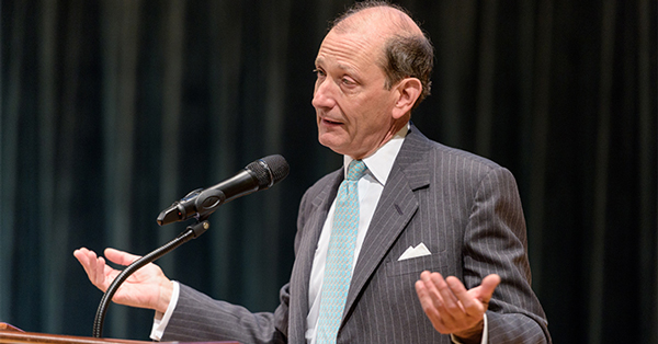Charles Elson at lectern at Weinberg Center talking Volkswagen scandal 042517 Charles M. Elson, Edgar S. Woolard Jr. Chair of Corporate Governance, director of the Weinberg Center and professor of finance at UD, will moderate the panel discussion.