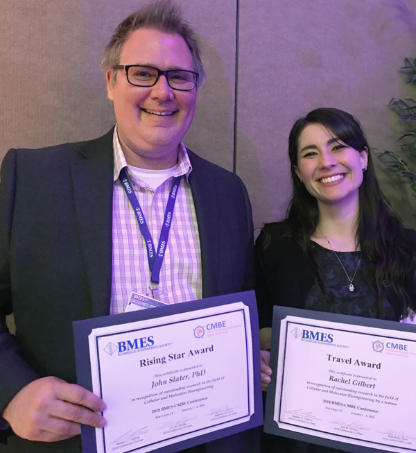 John Slater and Rachel Gilbert were recognized at the Biomedical Engineering Society (BMES) Cellular and Molecular Bioengineering (CMBE) conference.