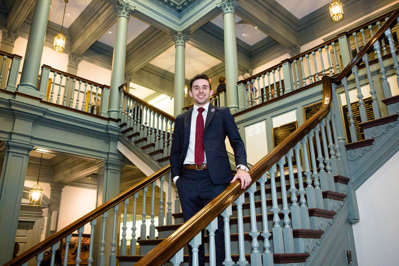 Eric Hastings in Delaware’s Legislative Hall in Dover, where he assisted the General Assembly as a UD Legislative Fellow during the session that ended June 30.