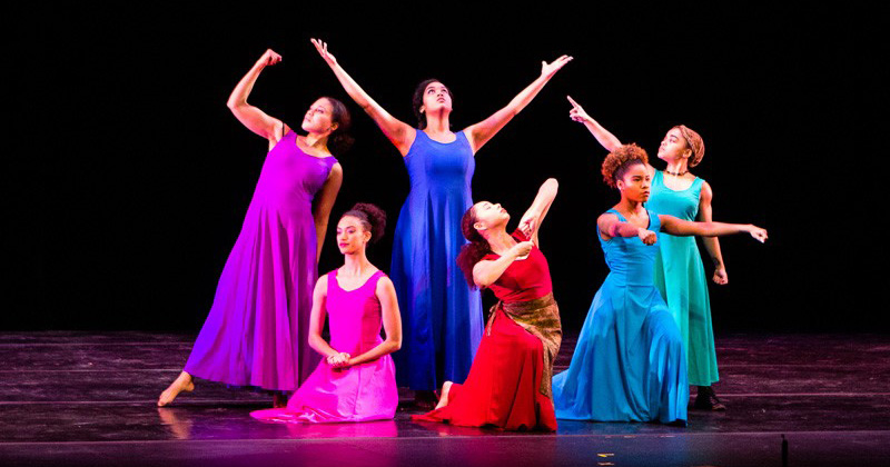 "Women of Consequence" dancers (from left) Rachel DeLauder, Melissa Jones, Dianna Ruberto, April Singleton, Amber Rance and Ikira Peace perform in March at the Baby Grand Theatre in Wilmington for the launch of UD’s Partnership for Arts and Culture. 