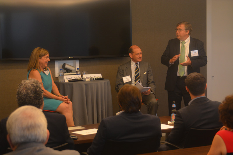 Speaking at the Philadelphia Bar Association event are (from left) Ann C. Mulé, the honoree and invited speaker; Charles M. Elson, who interviewed her for the talk; and Joseph J. Hamill Jr., a member of the Bar Association’s Business Law Section Executive Committee, who introduced her.