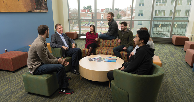 From left to right, Aaron Givens, Professor Don Sparks, Audrey Gamble, Josh LeMonte, Jason Stuckey, Autumn Starcher and Xaun Yu discuss an upcoming project in Harker Lab. 