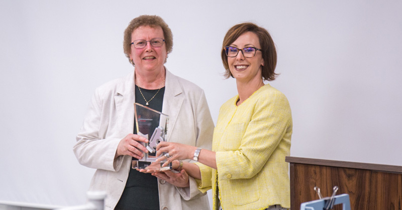 Mary Ann McLane (left) received the Cardinal Health™ urEssential Laboratory Professional of the Year Award from Cardinal Health director of strategic marketing and business development Emily Berlin.