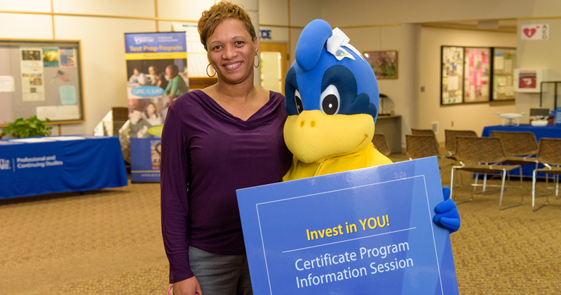 The University of Delaware’s Division of Professional and Continuing Studies will host a free information session on July 19 in Wilmington, highlighting professional development programs and educational opportunities for adult students. Assisting at last semester’s information session was UD’s Baby Blue.