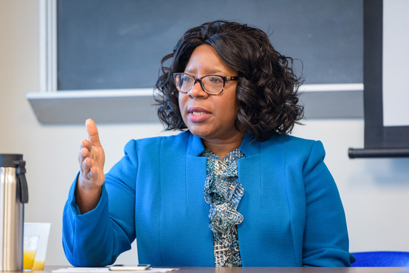 CEOE Dean Estella Atekwana discusses her passion for science with students in the Society of Women in Marine Science at UD’s Hugh R. Sharp campus in Lewes.