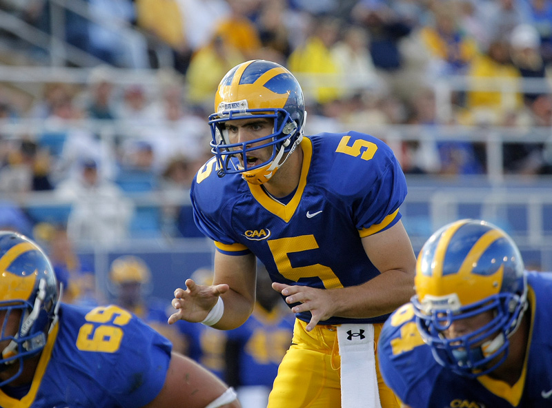 Joe Flacco was a star quarterback at the University of Delaware and now plays for the NFL’s Baltimore Ravens.