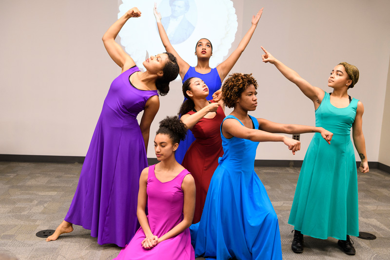 UD students (clockwise from far left) Rachel DeLauder, Dianna Ruberto, Ikira Peace, Amber Rance, April Singleton and Melissa Jones perform an excerpt from “Women of Consequence” on campus in February. They are among the dancers who will perform the full program at Wilmington’s Baby Grand theatre on Saturday, March 10.