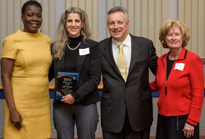 The 2018 Women of Promise dinner, Wednesday, March 14th, 2018 with keynote speaker alumnus Quinetta Roberson, Dr. Carol Henderson, Provost Robin Morgan, President Dennis Assanis and award presentees Effie Halaker and Rebecca Glinn.