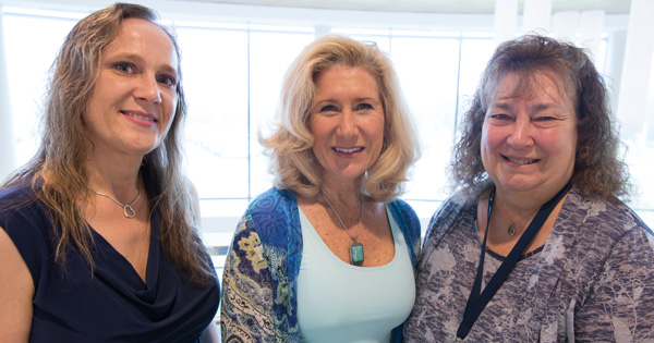 The workshop is coordinated by Celeste Peart (left) and Ingrid Hansen (center) of the Delaware Medical Reserve Corps, which is housed in UD’s School of Nursing, as well as Wendy Bailey (right) and Susan Mitchell (not pictured) from Delaware Health and Social Services. Delaware Lt. Gov. and School of Nursing professor Bethany Hall-Long (not pictured) is the principal investigator. 