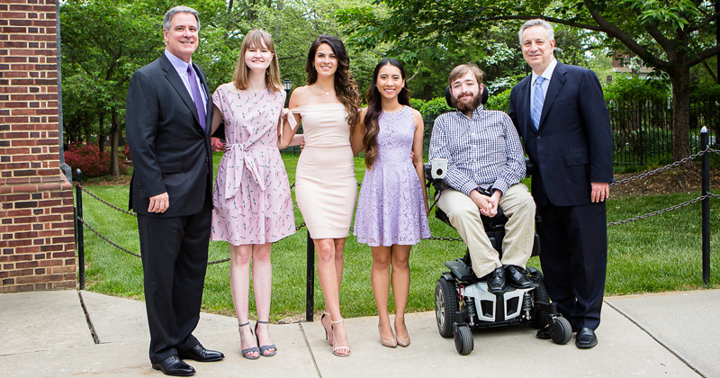 Donor David Plastino (far left)  and UD President Dennis Assanis (far right) with 2018 Plastino Scholars (left to right) Olivia Mann, Drew Sanclemente, Mickey Nguyen and Daniel Schaefer.
