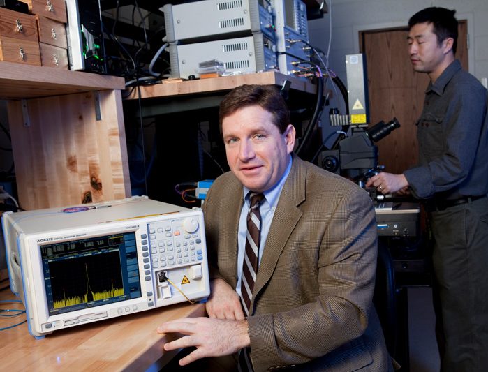 Photos of Prof. Dennis Prather in his lab to accompany an article in the Research Magazine on IED detection, imaging through sand storms with millimeter wave imaging system.
