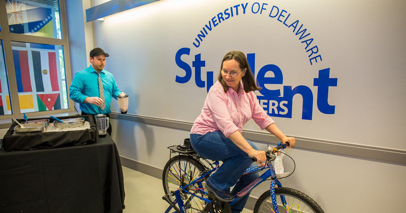 In a nutritional and exercise-themed twist, employees could blend their own smoothies by pedaling on a bike.