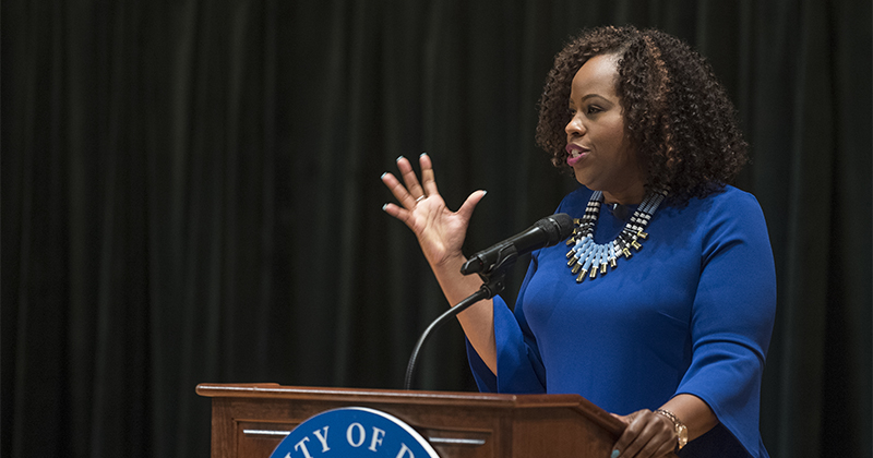 The Inaugural Cochran Lecture with Tiffany Gill giving a talk to a crowd at the Gore Recital Hall, May 14th, 2018.