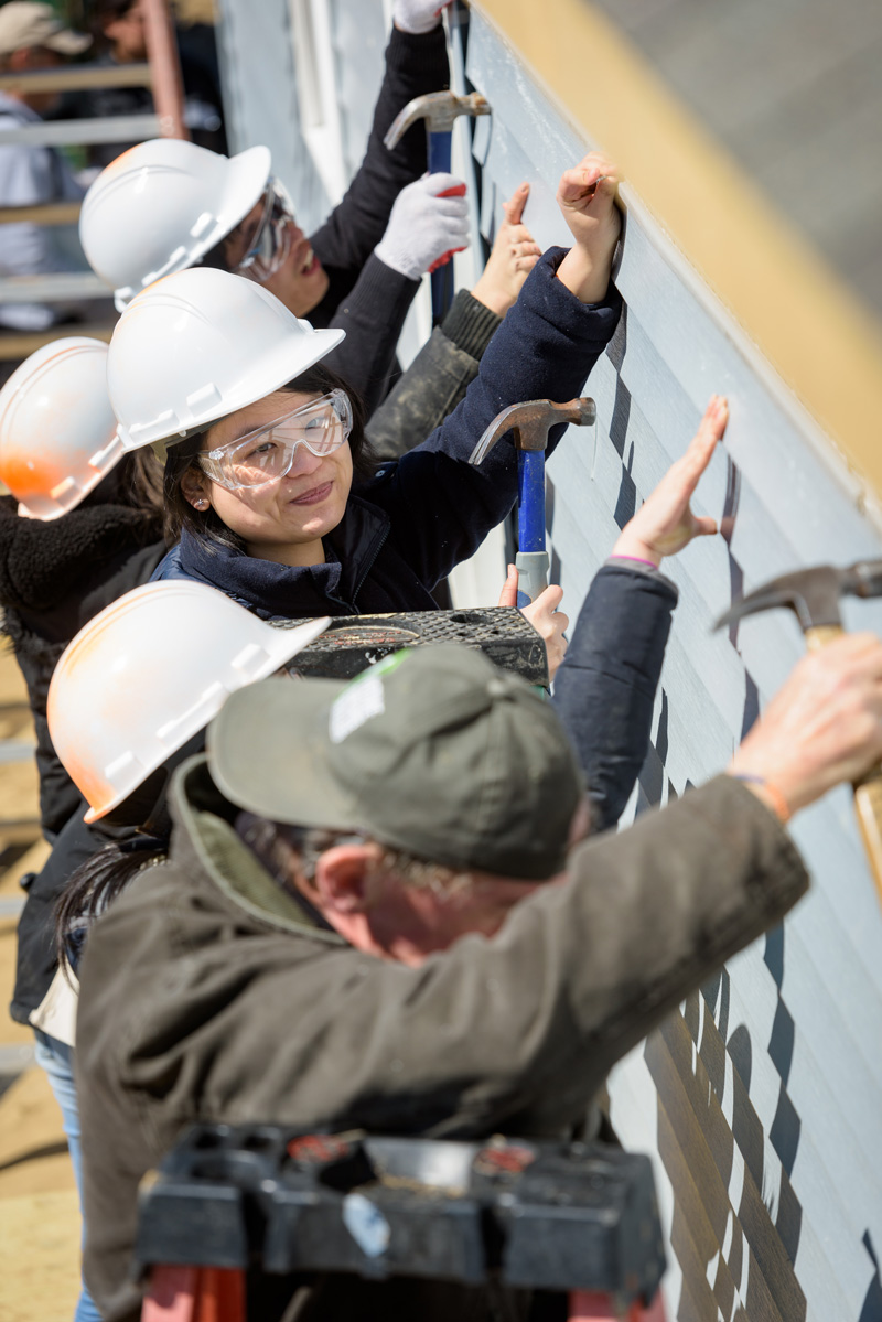 Community Engagement in cooperation with the Office of International Students and Scholars helped organize the first International Student Habitat for Humanity build in Sussex County. The event gave international students at UD the opportunity to spend the day helping to build an affordable house in Rehoboth Beach, DE. - (Evan Krape / University of Delaware)