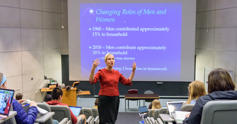 Bahira Sherif Trask, chairperson and professor of Human Development and Family Sciences, teaching a section of her highly-regarded (and highly attended) "HDFS 202: Diversity and Families" class in Smith Hall. - (Evan Krape / University of Delaware)