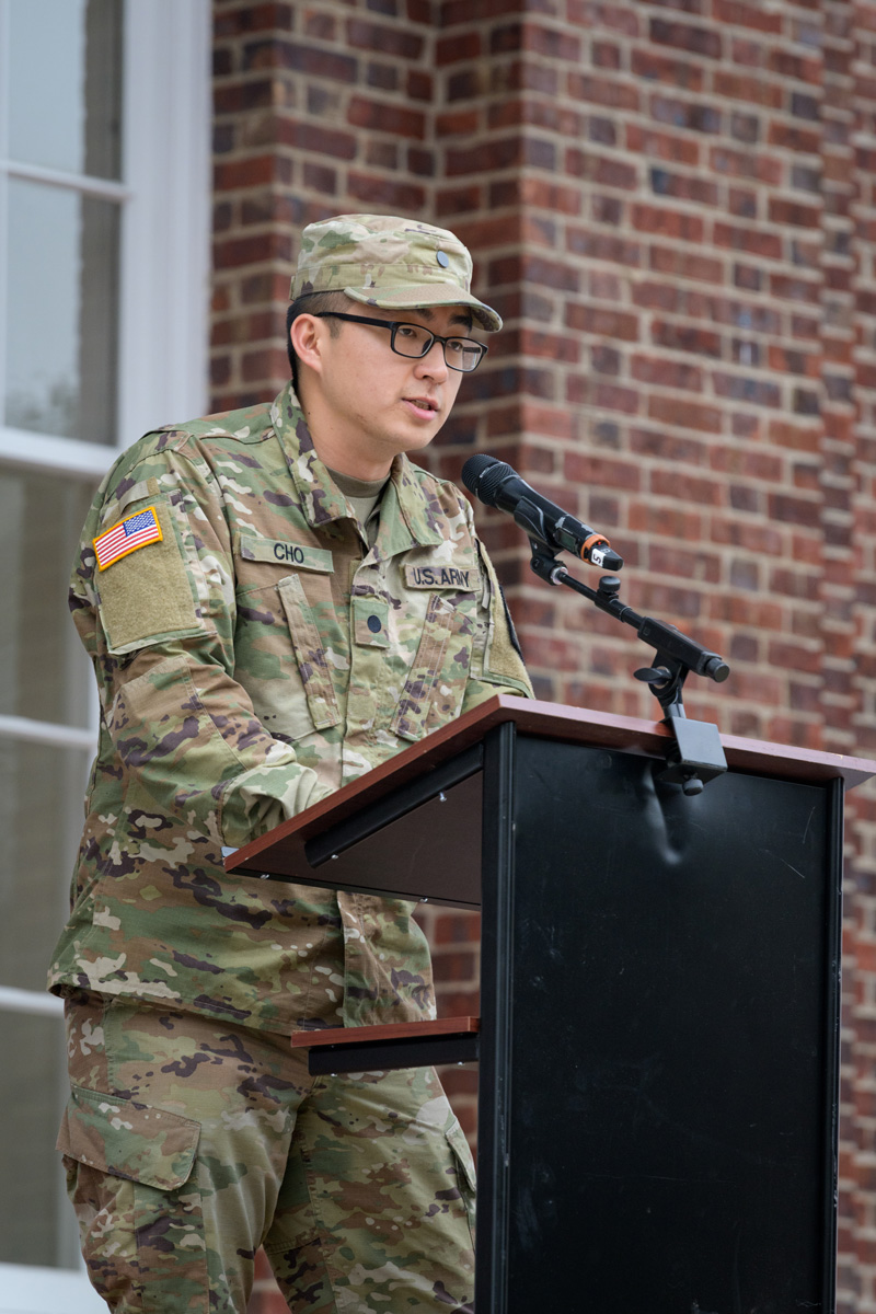 Ceremony held on Friday, November 9th in front of Memorial Hall in advance observance of Veterans Day. Lead by Army ROTC Headquarters and Headquarters Company Commander Jung-Ik Cho (pictured) with talks by UD President Dennis Assanis, Delaware State Senator Anthony Delcollo (R - SD 7), and Deputy Chief of Chaplains (Army National Guard) Chaplain Brigadier General Kenneth Brandt. - (Evan Krape / University of Delaware)
