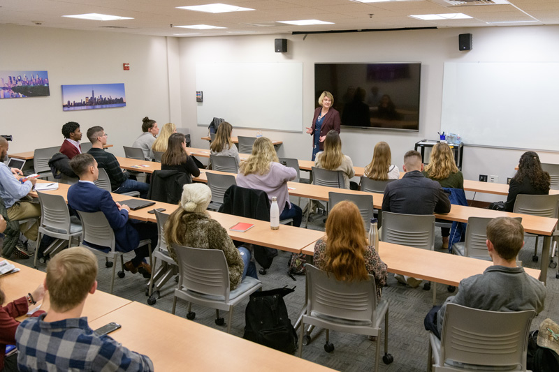 UD alumna Patricia Scroggs speaking to students at the Career Services Center. Scroggs is the Rangel Fellowship Program Director at Howard University and talked to students about the Rangel Fellowship as well as the Pickering Foreign Affairs Fellowship, and the Payne International Development Graduate Fellowship Program. - (Evan Krape / University of Delaware)