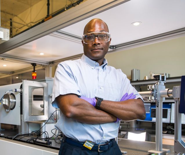 Thomas Epps has secured a patent on technology that holds potential to improve the performance, safety and stability of solid state lithium batteries, which are used in things like e-cigarettes, cell phones, the Samsung Galaxy note 7 and even auxiliary power units in the Boeing Dreamliner — all of which have experienced battery-related problems in recent years. The novel process employs tapered polymers that can be processed faster, cheaper and with less solvent waste, which makes it more environmentally friendly, too.  He uses the SAXS microscope with Priyanka Ketkar to examine the sensors. (Model Releases were obtained on anyone pictured.) 