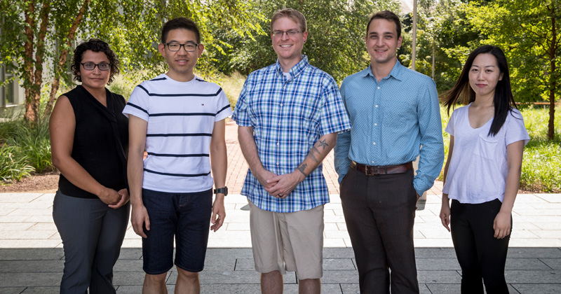 The 2018–20 DENIN Environmental Fellows are (left to right) Alma Vázquez-Lule, Xiangmin Liang, Eric Moore, Anders Kiledal, and Danhui Xin.