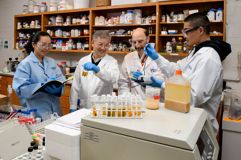 Engineering professors Daniel Cha (second from left) and Michael Chajes (third from left) work with students In-Young Kim (far left)and Gabe Chao to study samples taken from the food digester at Caesar Rodney Dining Hall.  