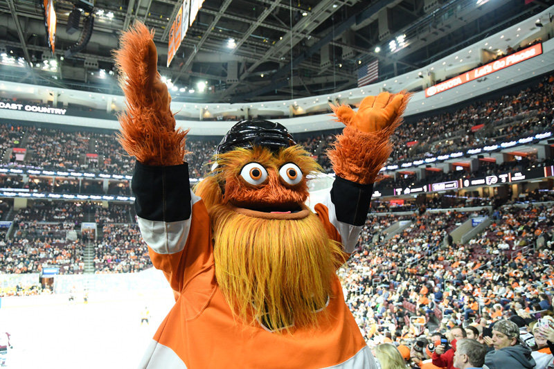 PHILADELPHIA, PA - OCTOBER 22: Flyers mascot Gritty waves to the crowd during the regular season game between the Colorado Avalanche and the Philadelphia Flyers on October 22, 2018, at the Wells Fargo Center in Philadelphia, PA. (Photo by Andy Lewis/Icon Sportswire via Getty Images)