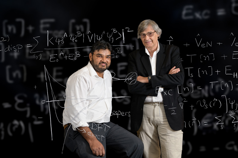 Muhammed Shahbaz, a doctoral candidate in Physics and Astronomy, and his adviser, Krzysztof Szalewicz, photographed for a UDaily announcement of their latest theoretical research, soon to be published in a major physics journal. - (Evan Krape / University of Delaware)