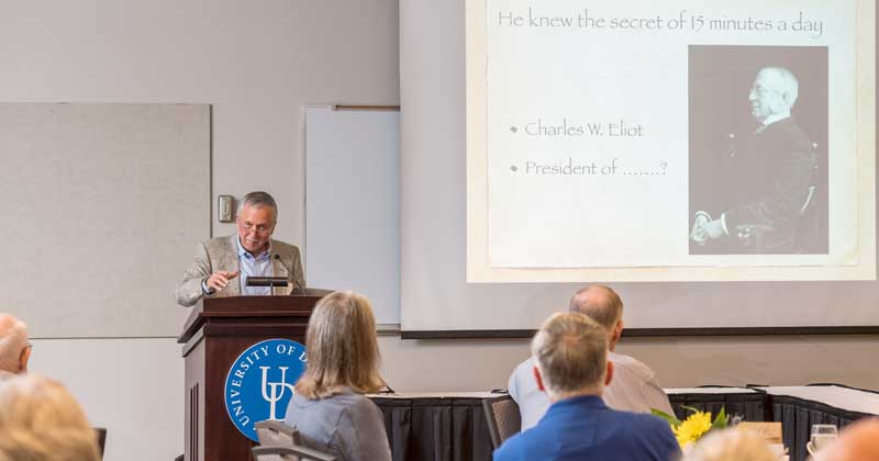 Robert Hampel talks about his new book Fast and Curious, A History of Shortcuts in American Education during a UDARF luncheon on Oct. 2. 