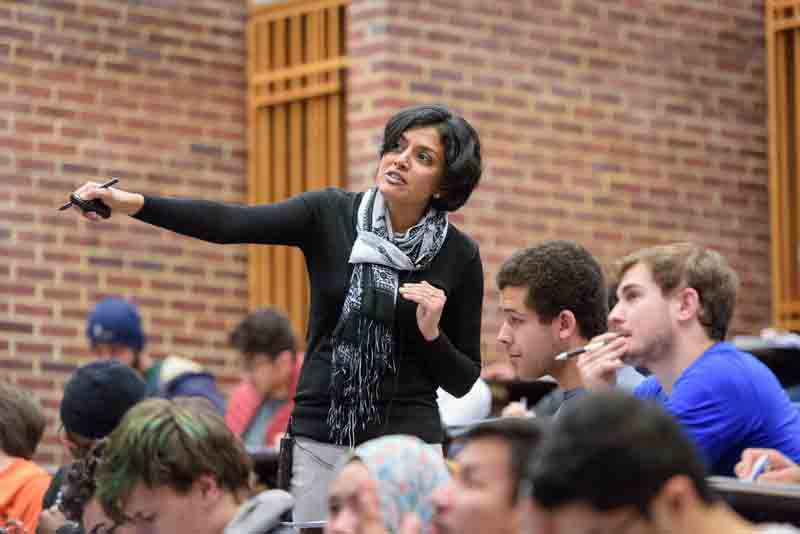 Arthi Jayaraman, a UD associate professor, points toward the board while discussing the material with students in her Introduction to Chemical Engineering class. 