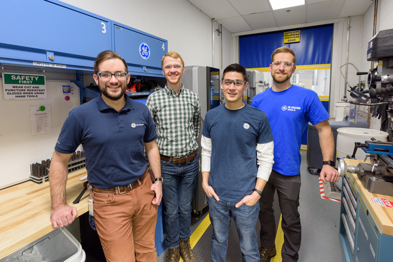 UD engineering graduates working for GE Aviation in Newark include (left to right) Sam Kurkoski, Reid Bremble, Vince Uathavikul and Tyler Walker.