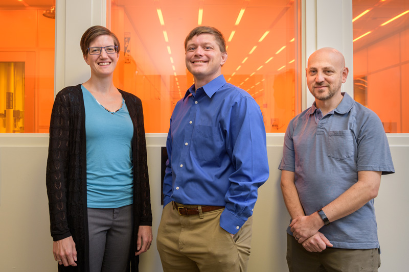 MSEG-Law-Doty-Zide-Nanofab_Group-091918 Stephanie Law, the Clare Boothe Luce
assistant professor of materials science and engineering; Matthew Doty, associate professor of materials science and engineering and director of the UD Nanofabrication Facility; and Josh Zide, professor of materials science and engineering. Along with collaborators at other universities, the group is a recipient of a $1 Million "Transformational Advances in Quantum Systems" award. - (Evan Krape / University of Delaware)