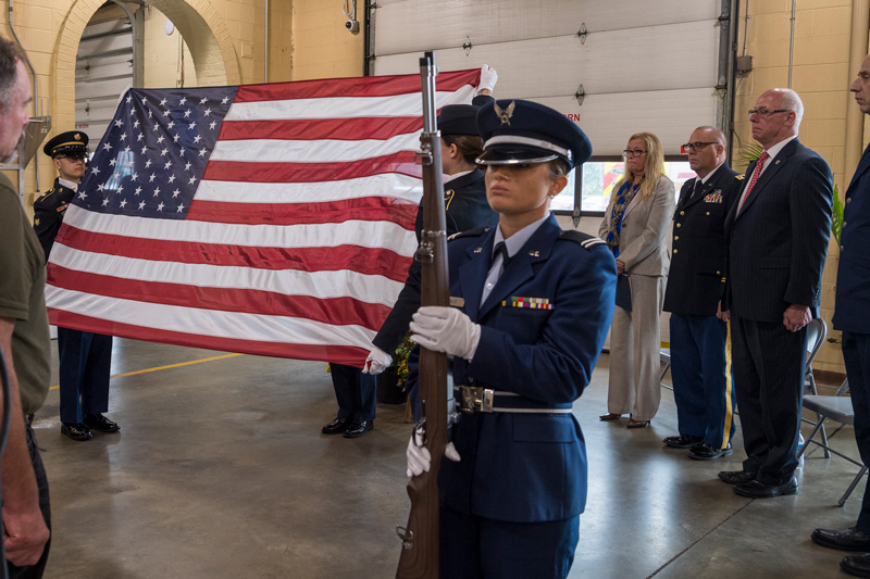 UD Air Force ROTC and Army ROTC Honor Guards perform a flag folding ceremony to conclude the joint UD and City of Newark Patriot Day ceremony to honor the lives lost on Sept. 11, 2001.  