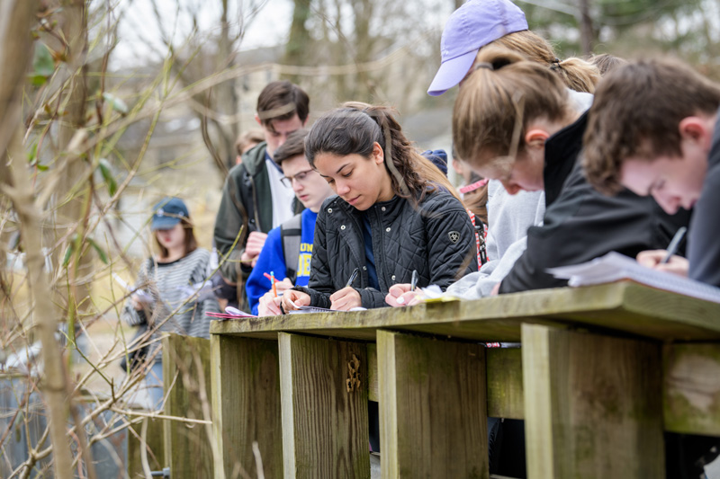 June Hazewski is a Geology masters student in the College of Earth, Ocean, and Environment who’s teaching a Spring 2019 section of “GEOL115: Geological Hazards Laboratory” class in which students venture outside the classroom into White Clay Creek to learn about “environmental geological processes and their impact on society” [course description]. - (Evan Krape / University of Delaware)