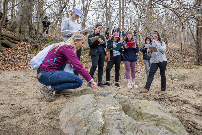 June Hazewski is a Geology masters student in the College of Earth, Ocean, and Environment who’s teaching a Spring 2019 section of “GEOL115: Geological Hazards Laboratory” class in which students venture outside the classroom into White Clay Creek to learn about “environmental geological processes and their impact on society” [course description]. - (Evan Krape / University of Delaware)