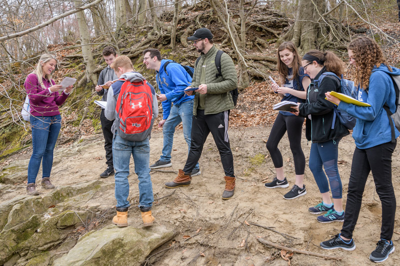 June Hazewski is a Geology masters student in the College of Earth, Ocean, and Environment who’s teaching a Spring 2019 section of “GEOL115: Geological Hazards Laboratory” class in which students venture outside the classroom into White Clay Creek to learn about “environmental geological processes and their impact on society” [course description]. - (Evan Krape / University of Delaware)