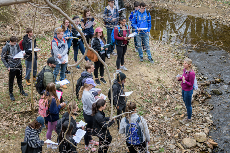 June Hazewski is a Geology masters student in the College of Earth, Ocean, and Environment who’s teaching a Spring 2019 section of “GEOL115: Geological Hazards Laboratory” class in which students venture outside the classroom into White Clay Creek to learn about “environmental geological processes and their impact on society” [course description]. - (Evan Krape / University of Delaware)